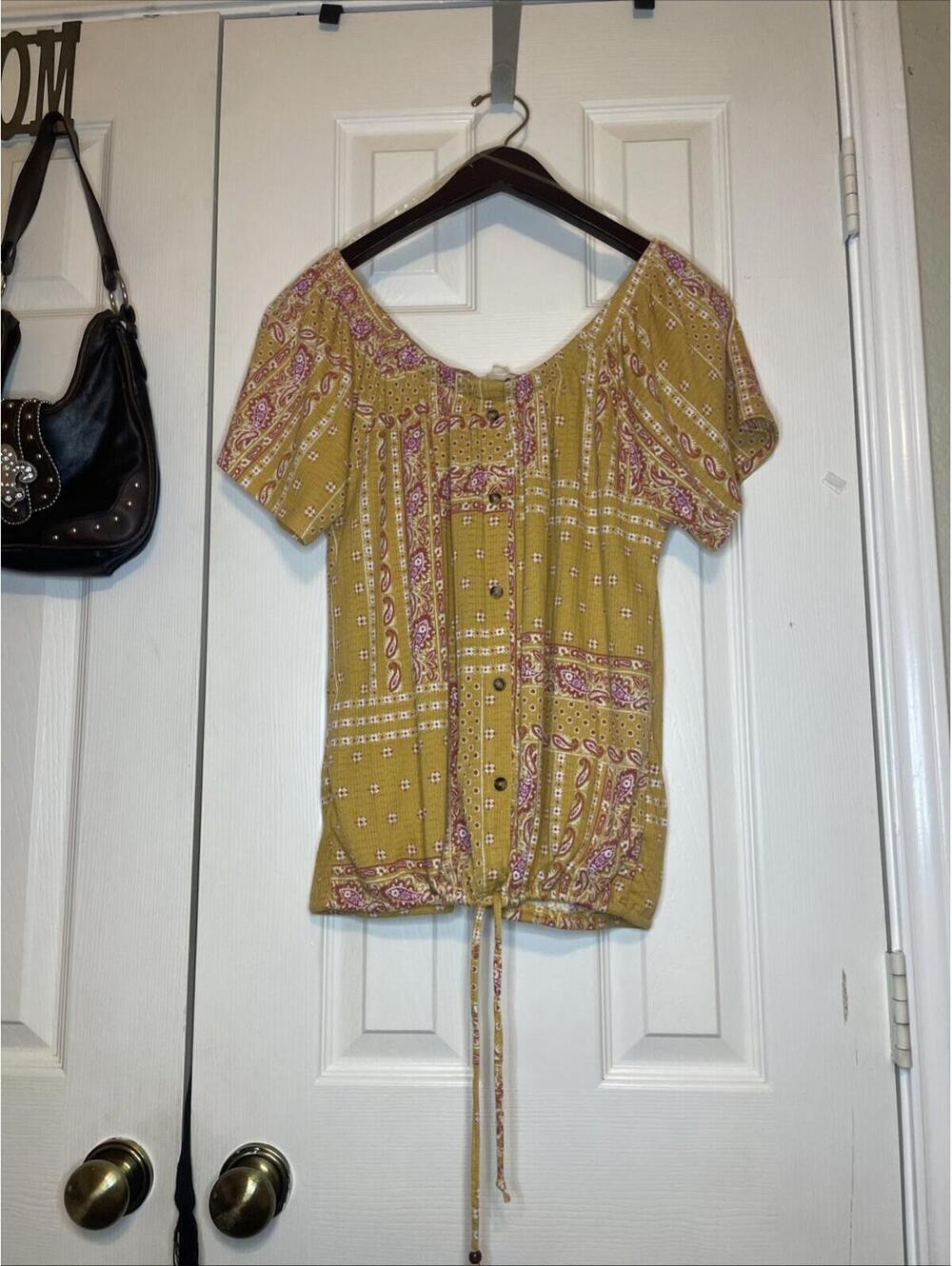 Como Blu Mustard Boho Peasant Blouse L Paisley Print Button Front Drawstring